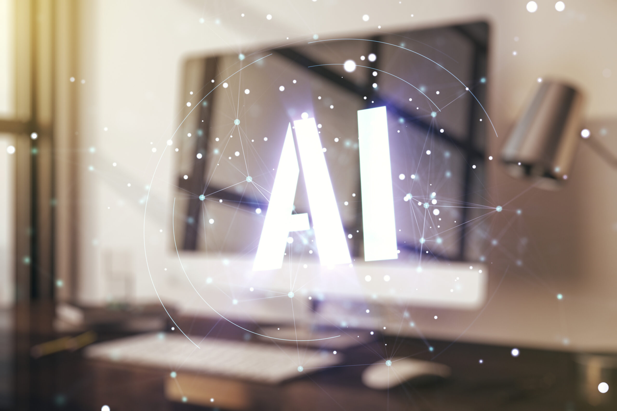 Creative artificial Intelligence symbol concept with modern laptop on background. Multiexposure